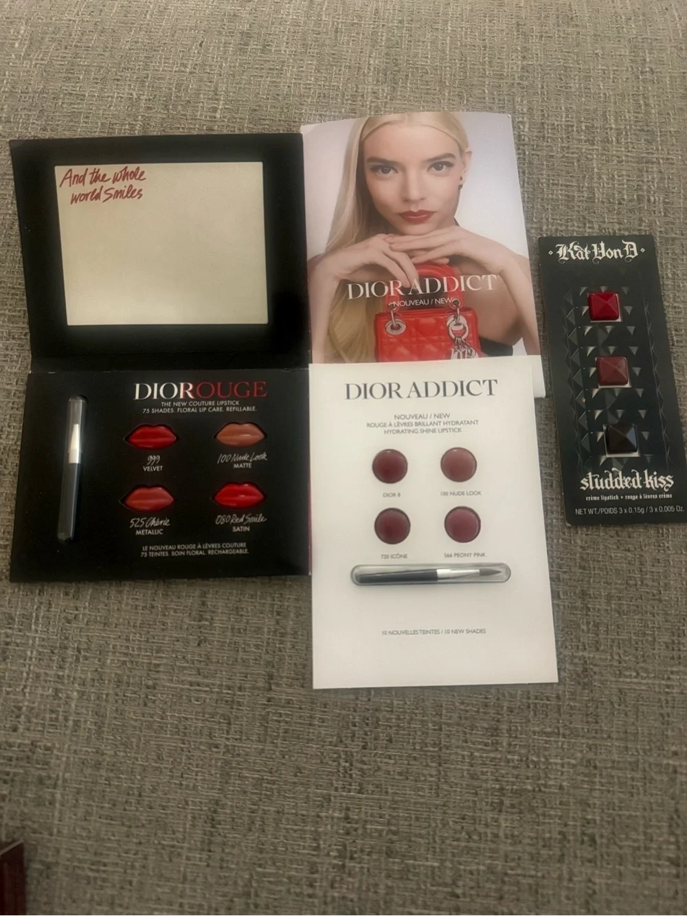 NEW Dior Rouge, Dior Addict & Kat Von D Lipstick Sample Card Lot w/ Lip Brushes